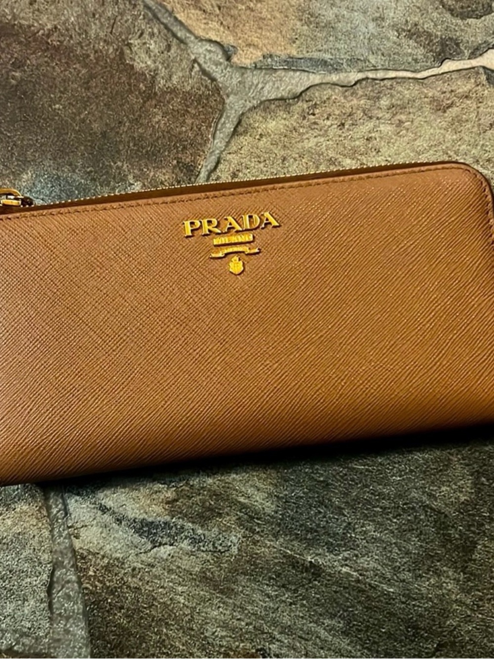 Prada Large Saffiano Leather Wallet in Caramel Brown with Gold Hardware